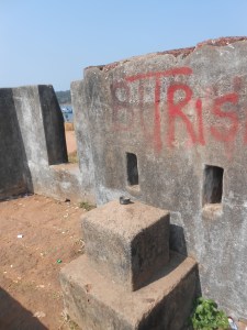 Cannon point, musket point, flag stone and graffiti on the watch tower.