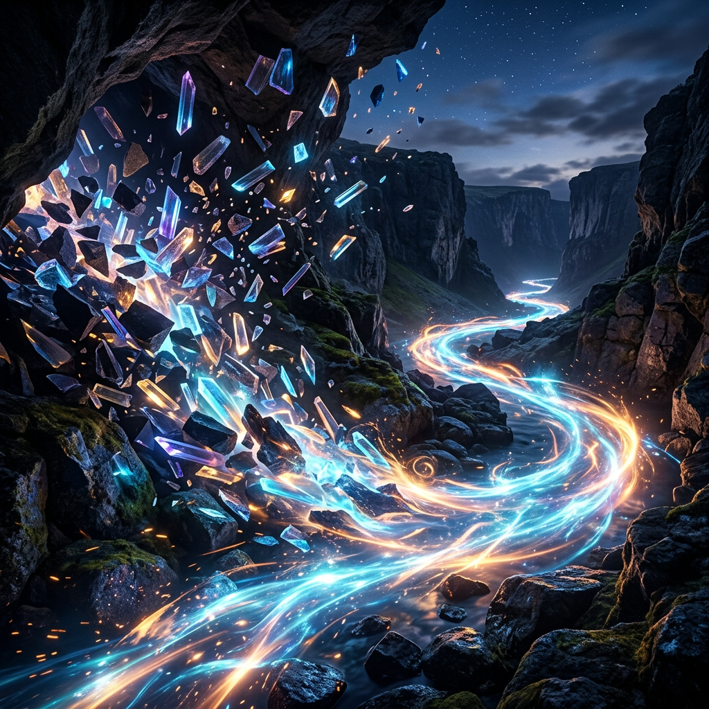 Glowing blue and orange river flowing through a rocky canyon under a starry night sky with floating glowing crystals