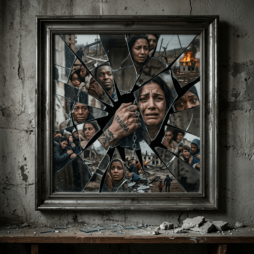 Fractured social mirror symbolizing cultural PTSD trauma