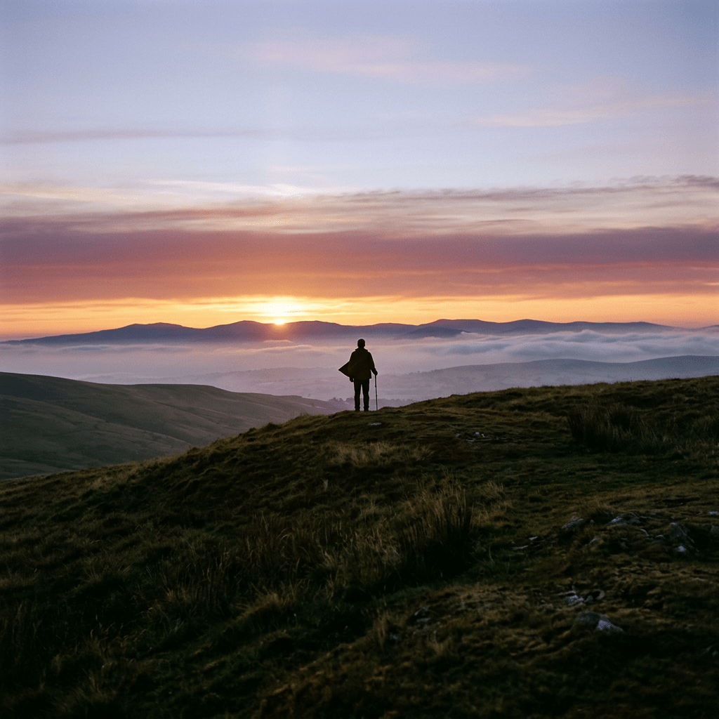 Lone person standing on grassy hilltop at sunset with misty mountains in background