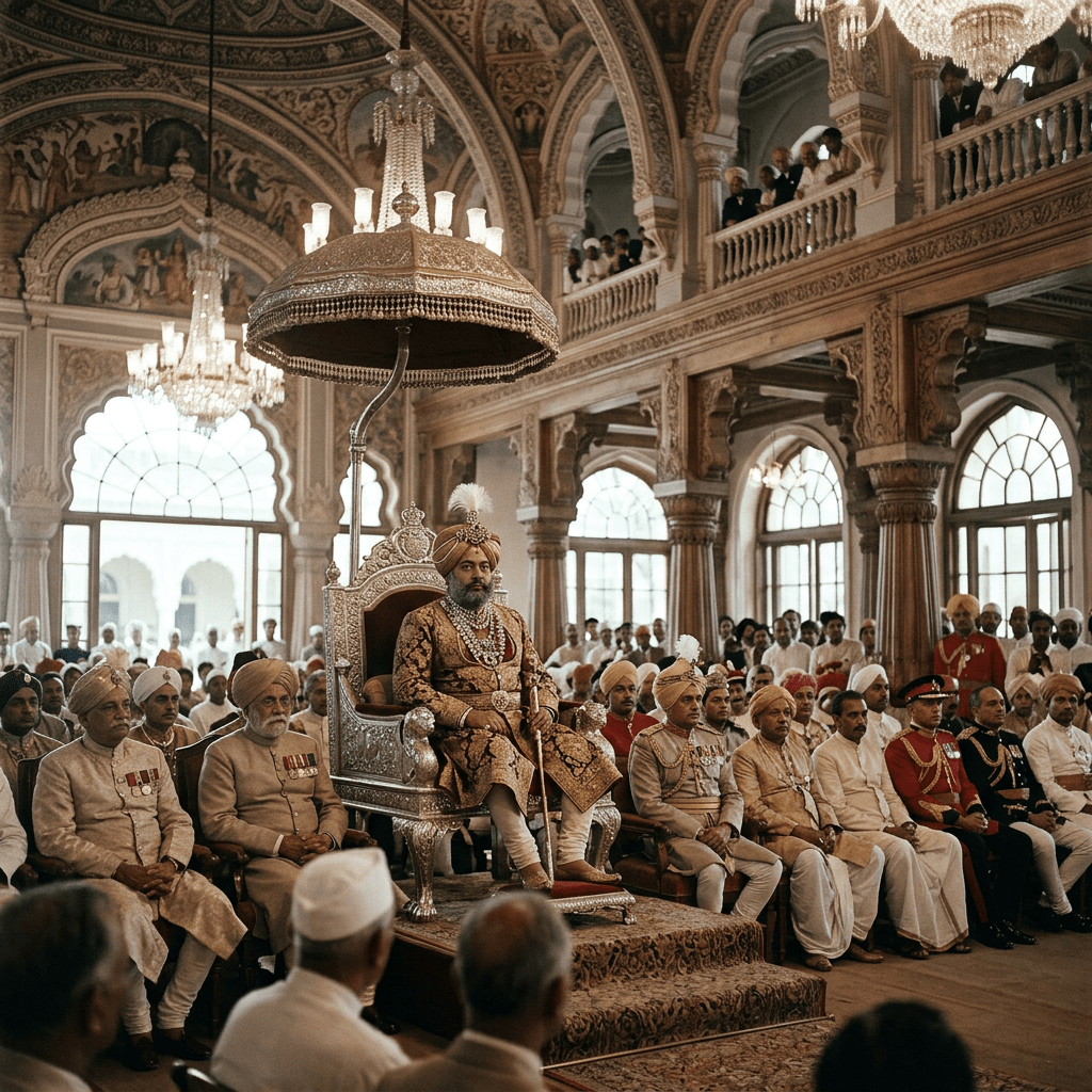 Royal figure on throne with officials seated in ornate palace hall