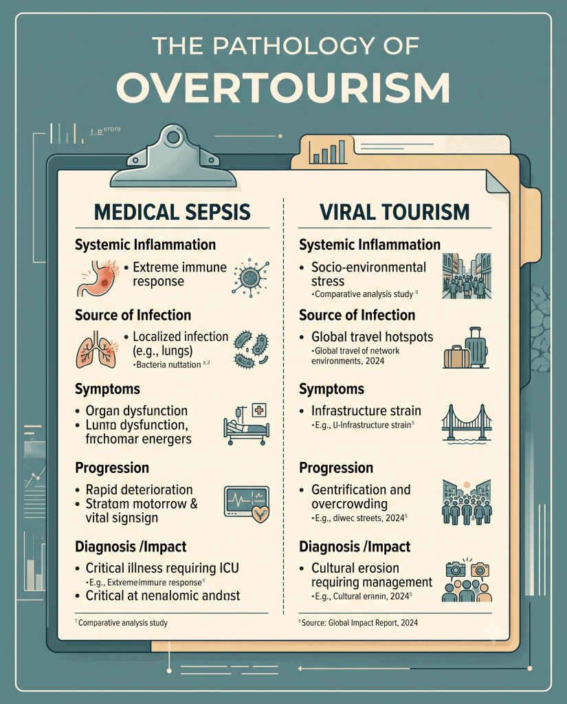 In medicine, "going viral" signals distress, not success. Unchecked tourism behaves like sepsis—the cure cannibalizing the host. The goal isn’t stopping travel, but regulating it.