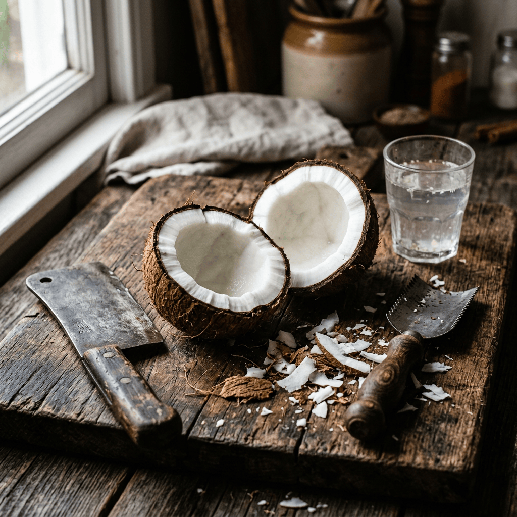 Opened coconut, cleaver, scraper, and water glass on wooden table