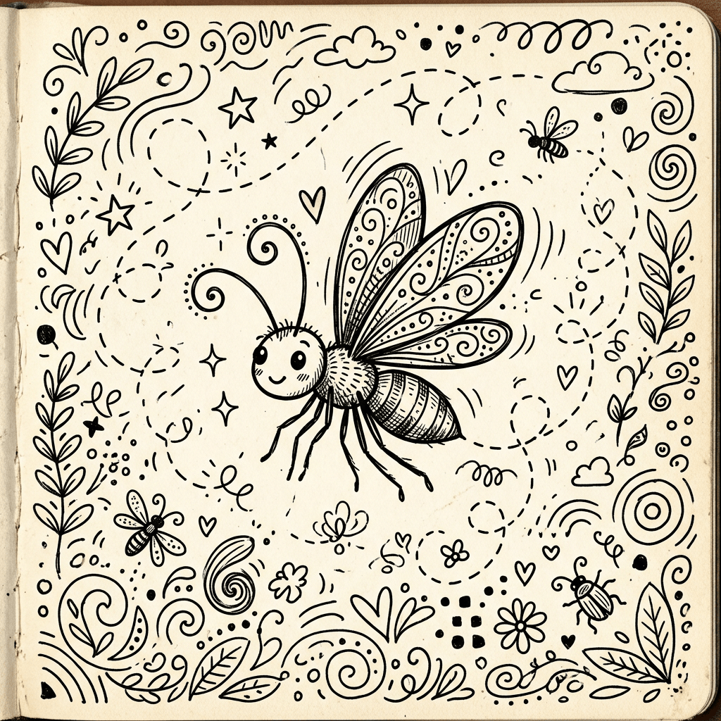 Decorative black-and-white doodle of a bee surrounded by flowers and swirls