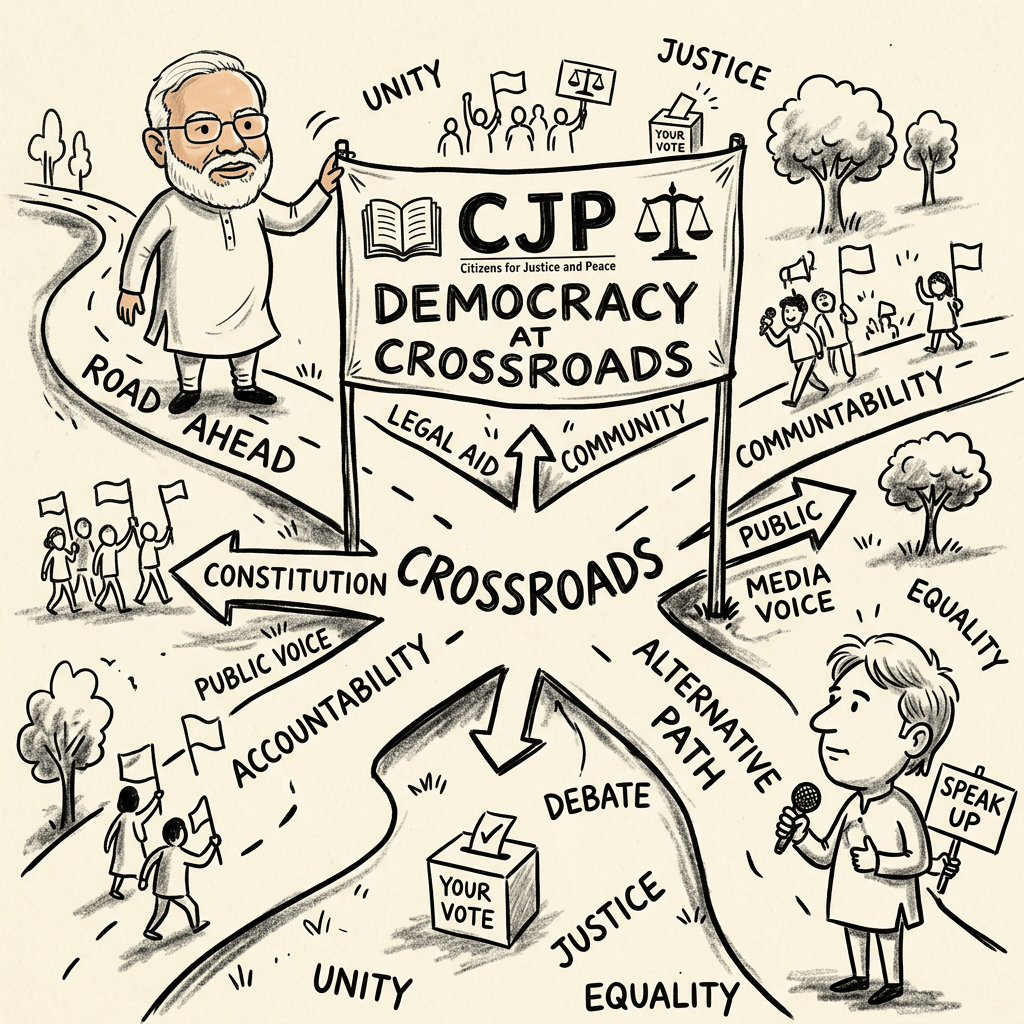Illustration text: UNITY, JUSTICE, CJP, Citizens for Justice and Peace, DEMOCRACY AT CROSSROADS, ROAD AHEAD, COMMUNITY, LEGAL AID, YOUR VOTE, CONSTITUTION, PUBLIC VOICE, ACCOUNTABILITY, CROSSROADS, ALTERNATIVE PATH, DEBATE, JUSTICE, EQUALITY, MEDIA VOICE, PUBLIC, SPEAK UP.
