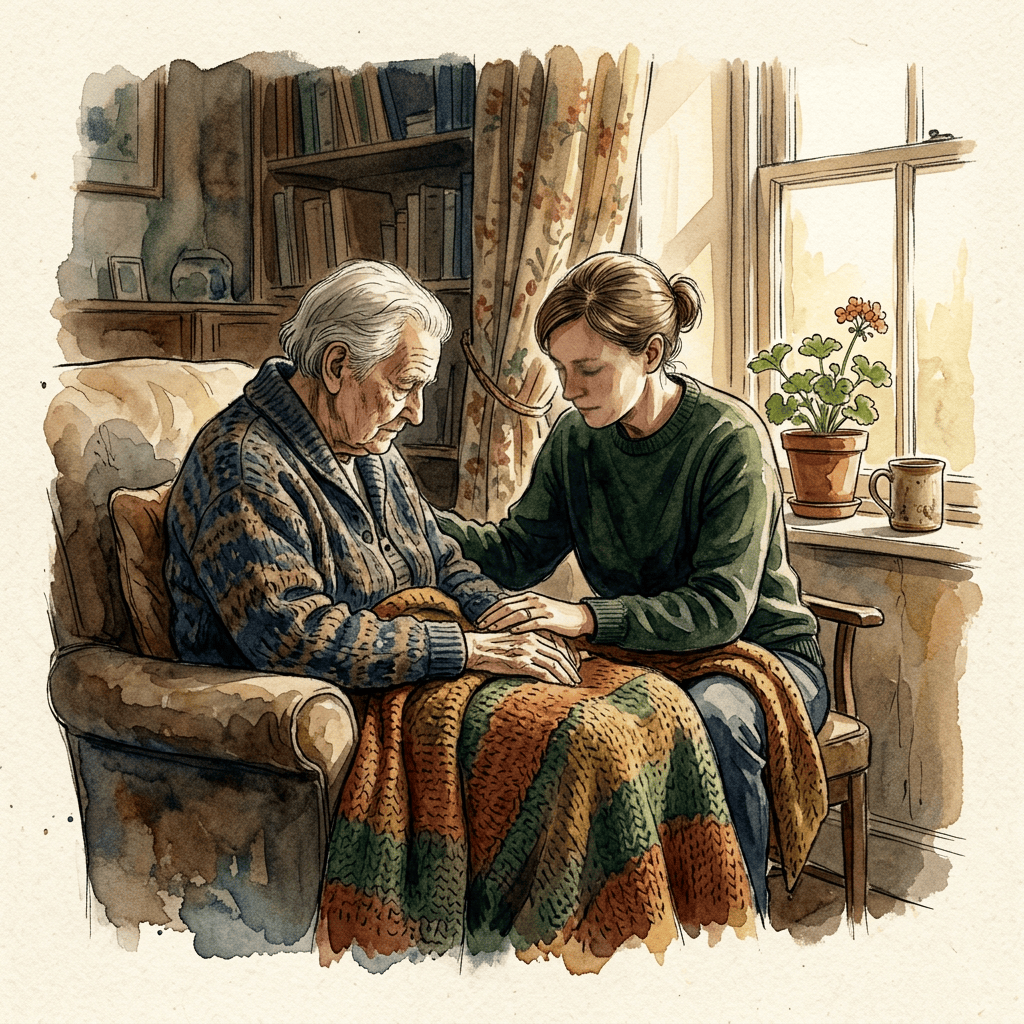 Caregiver holding an older woman's hands beside a sunlit window