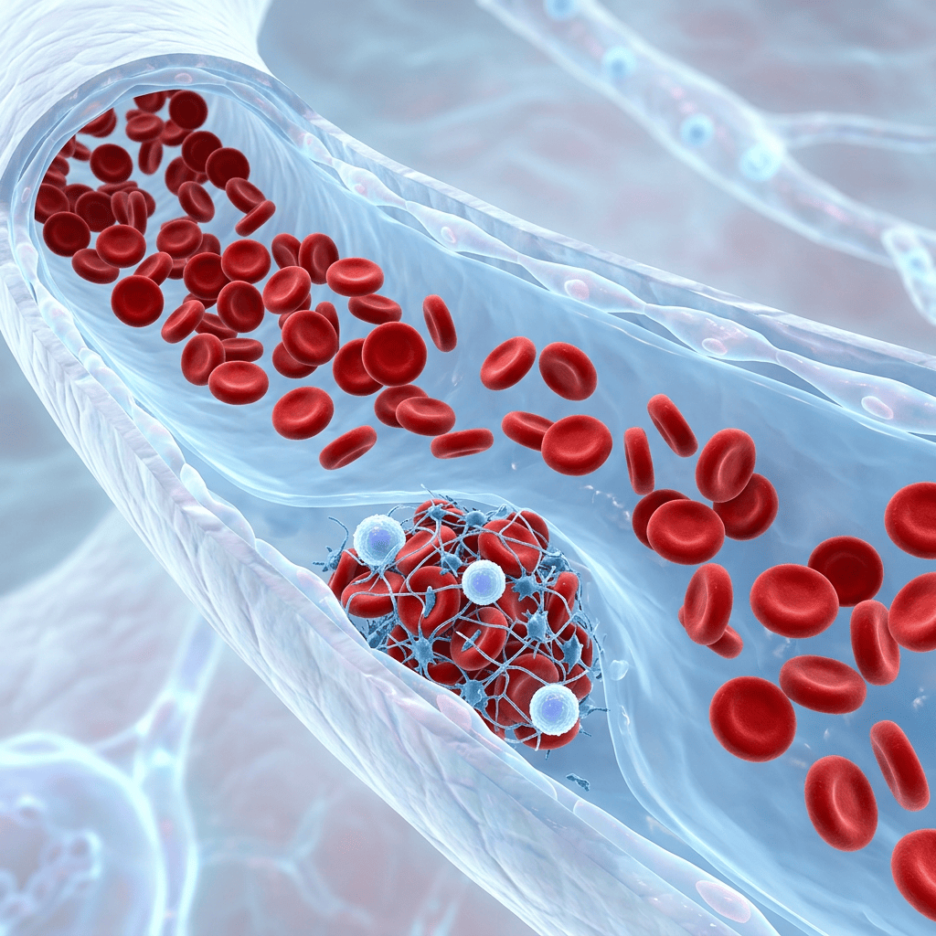 Red blood cells flowing past a developing blood clot inside a blood vessel