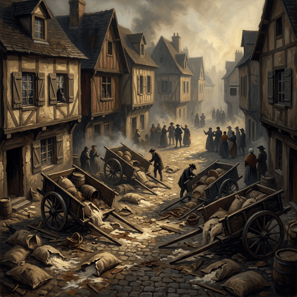 Medieval cobblestone street with overturned carts, spilled sacks, and townspeople