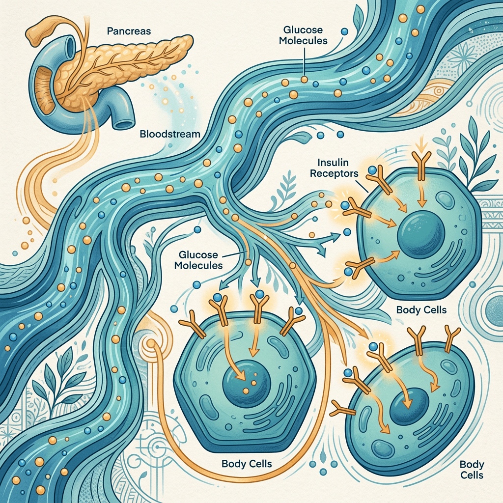 Diagram labeled Pancreas, Bloodstream, Glucose Molecules, Insulin Receptors, and Body Cells