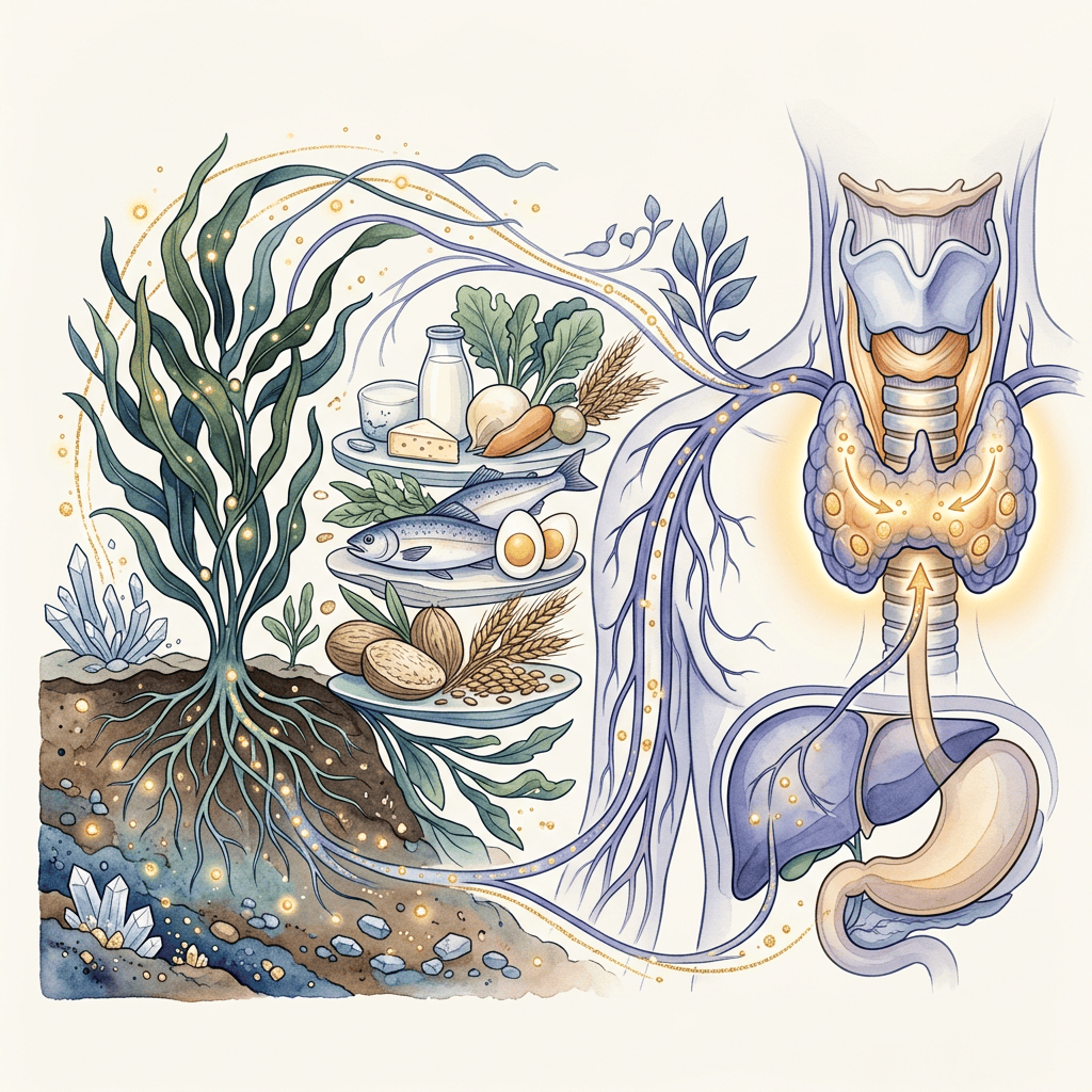 Botanical illustration linking nutritious foods, soil minerals, thyroid, nerves, and digestive organs