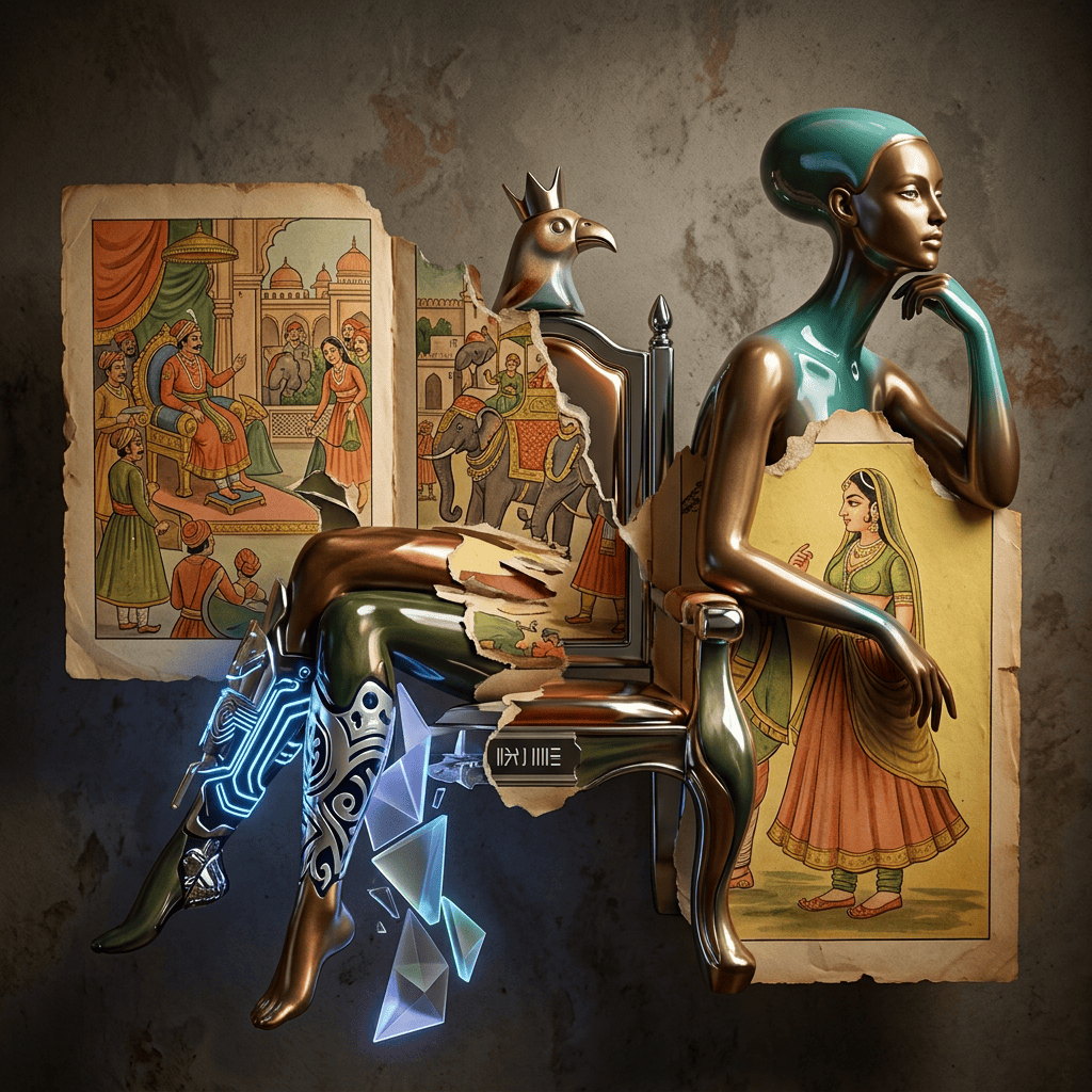 Futuristic metallic figure seated beside fragmented traditional Indian paintings